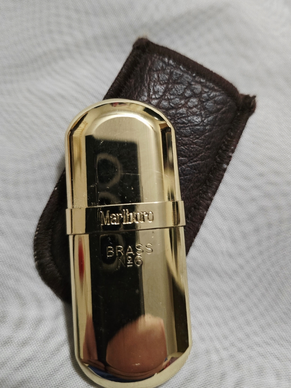 Marlboro Vintage Gold Tone Brass Decorative Lighter Leather Pouch